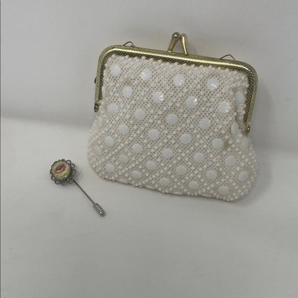 Vintage 60s White Beaded Clutch and vintage hand painted floral pin clasp
